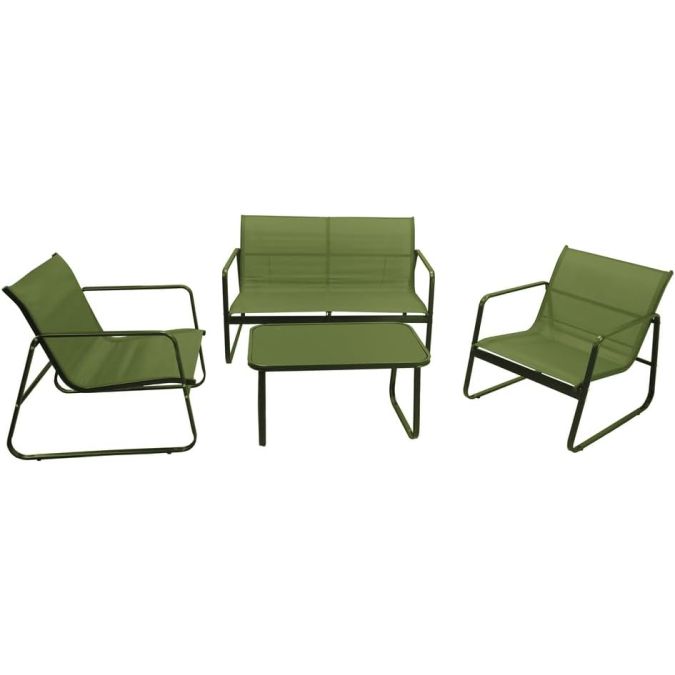 Set da Giardino ETNA Verde con Divano, 2 Poltrone e Tavolino 75x45 H40 cm, Struttura in Metallo Verniciato con Seduta in Textilene