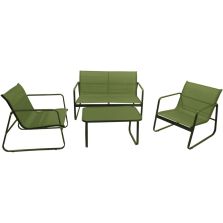 Set da Giardino ETNA Verde con Divano, 2 Poltrone e Tavolino 75x45 H40 cm, Struttura in Metallo Verniciato con Seduta in Textilene